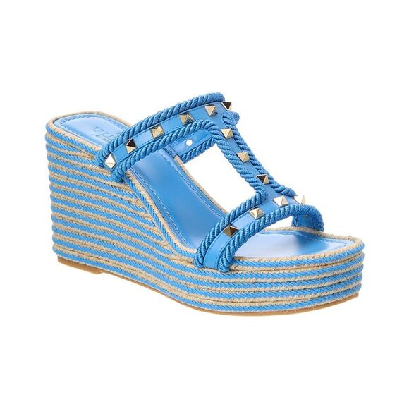 Valentino Rockstud 80 Leather Wedge Sandal Blue